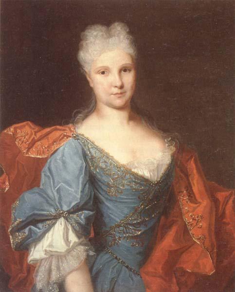 unknow artist Portrait of a lady,half-length,wearing a blue embroidered dress with a scarlet mantle China oil painting art